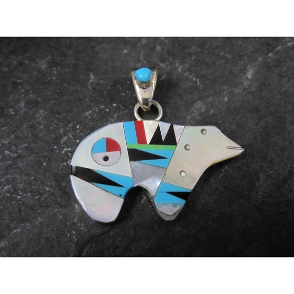 Southwestern Sterling Inlaid Bear Pendant - Picture 4 of 10
